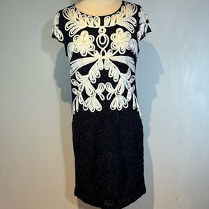 Navy Blue & White Tapework Lace Dress Size 14